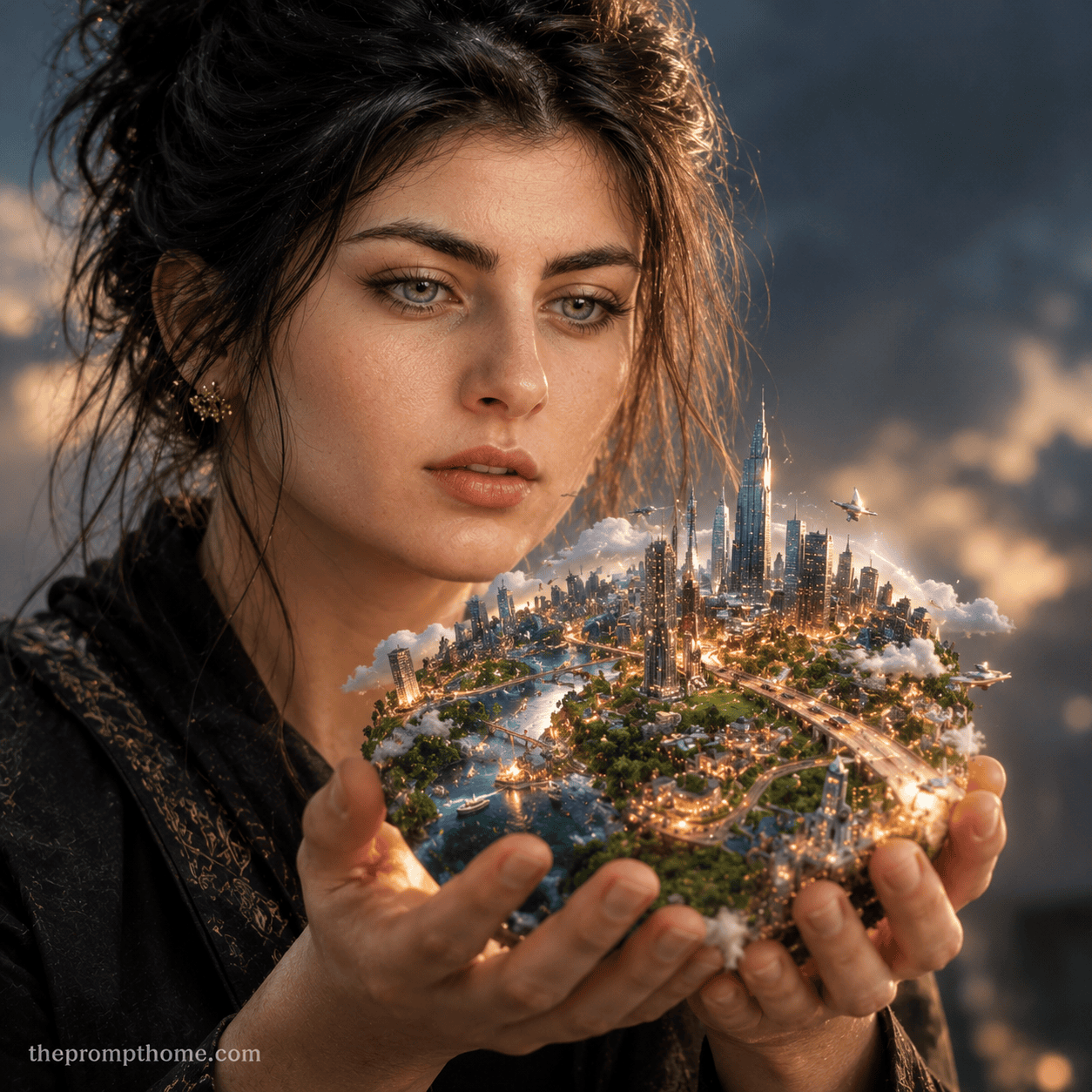 Surreal conceptual art of a woman holding a tiny illuminated futuristic 3D city globe in her hands