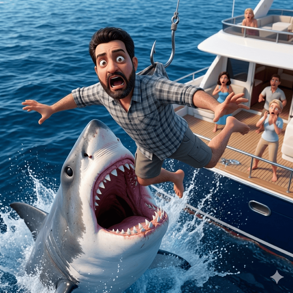 Humorous 3D Pixar style animation artwork of a man hooked by a fishing line dangling above a gaping shark mouth near a luxury yacht