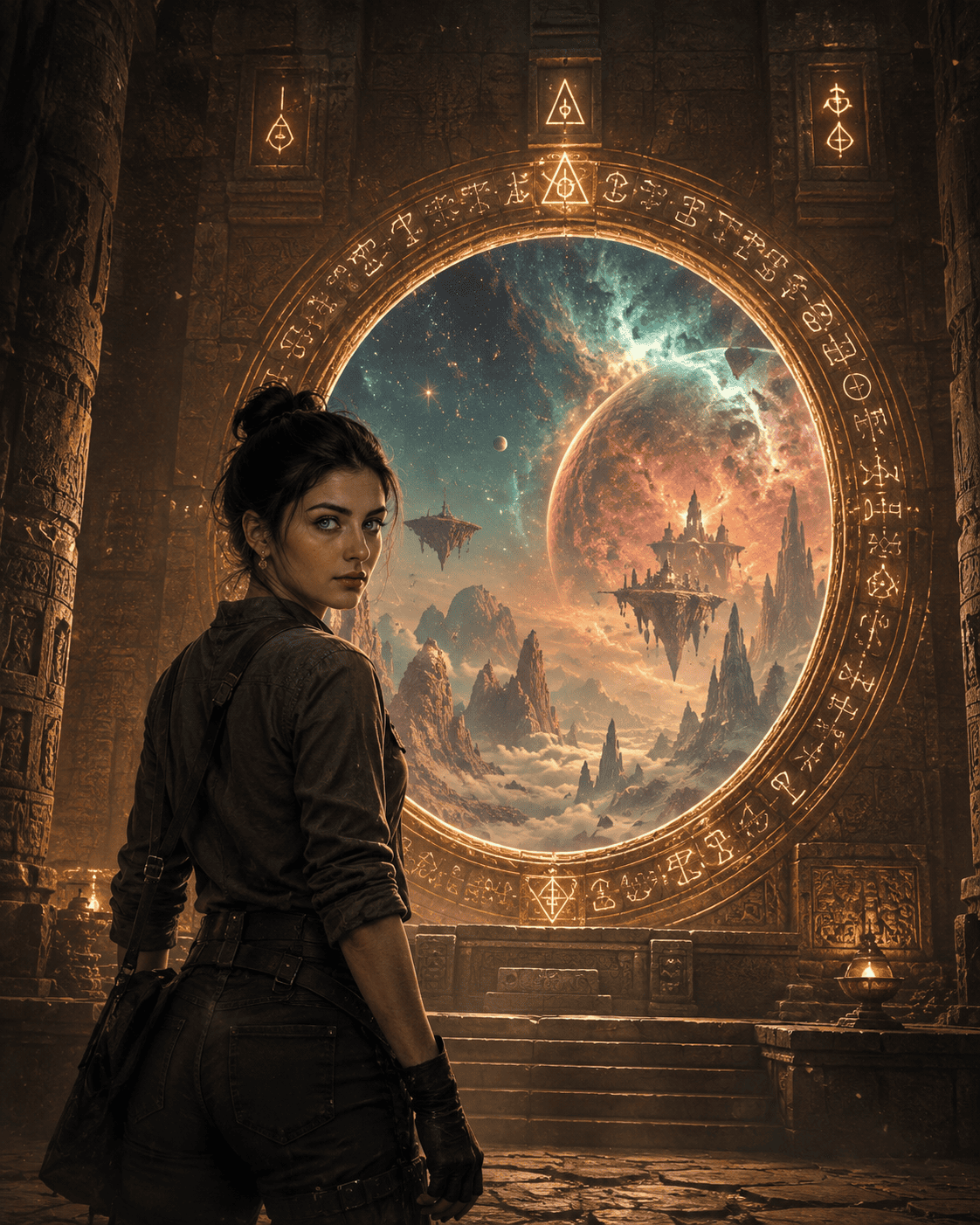 Fantasy concept art of a female adventurer standing inside an ancient stone temple looking back in front of a giant glowing portal showing a cosmic world with planets and floating islands