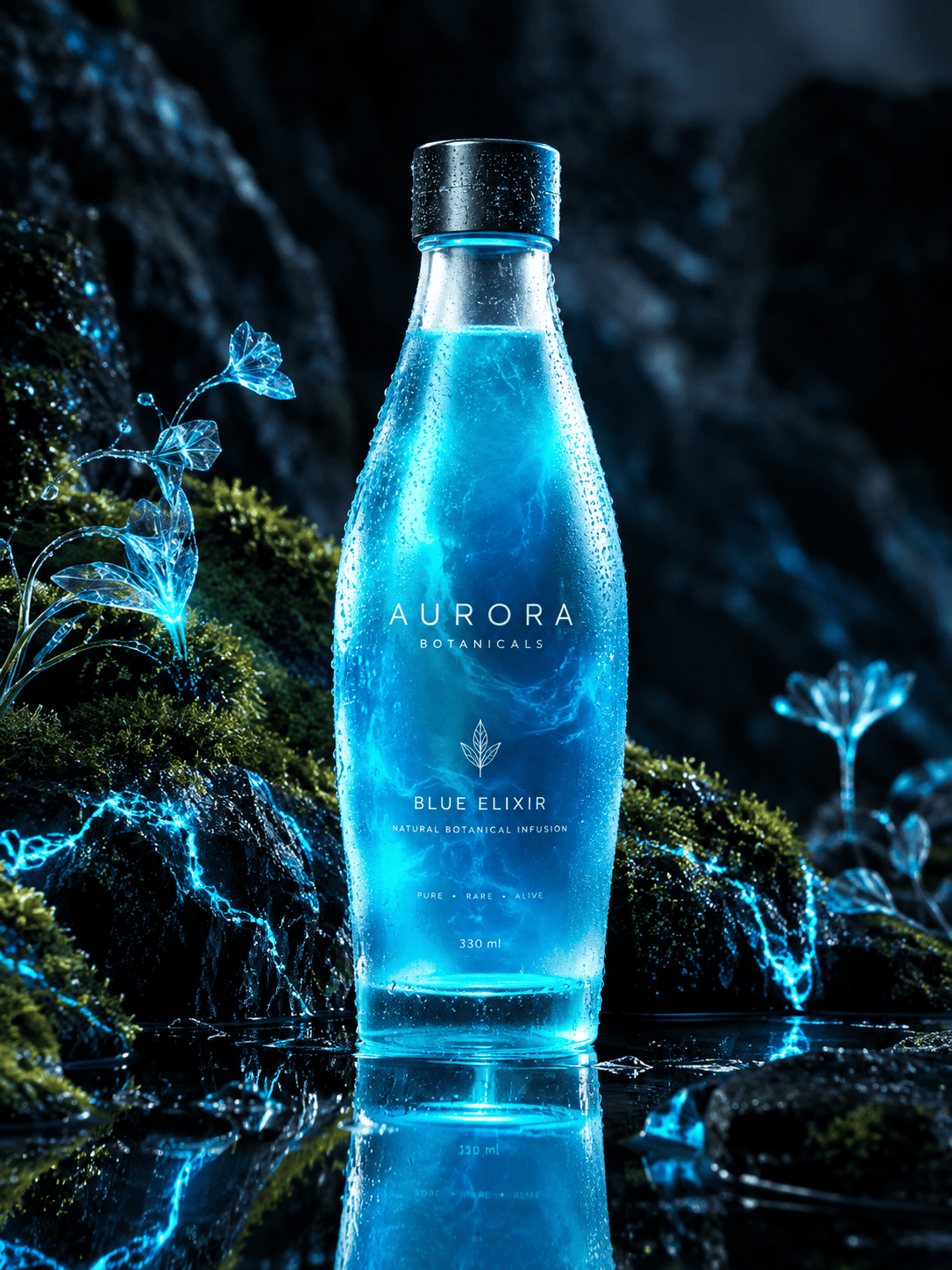 Commercial product photography of a glowing blue elixir glass bottle with condensation water drops on wet mossy rocks