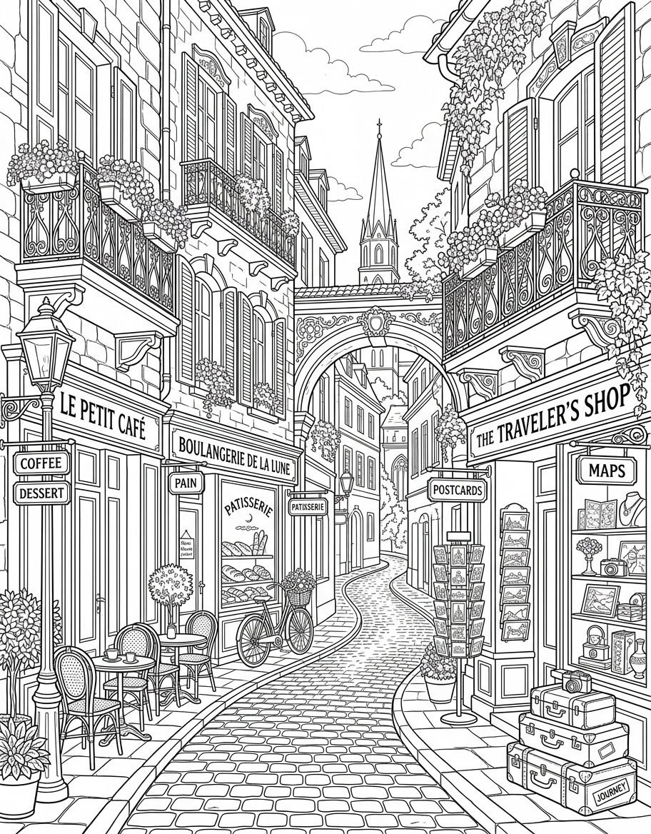 Black and white adult coloring page line art of a French Parisian street with a cafe, bakery, bicycle, traveler's shop, and cobblestone path