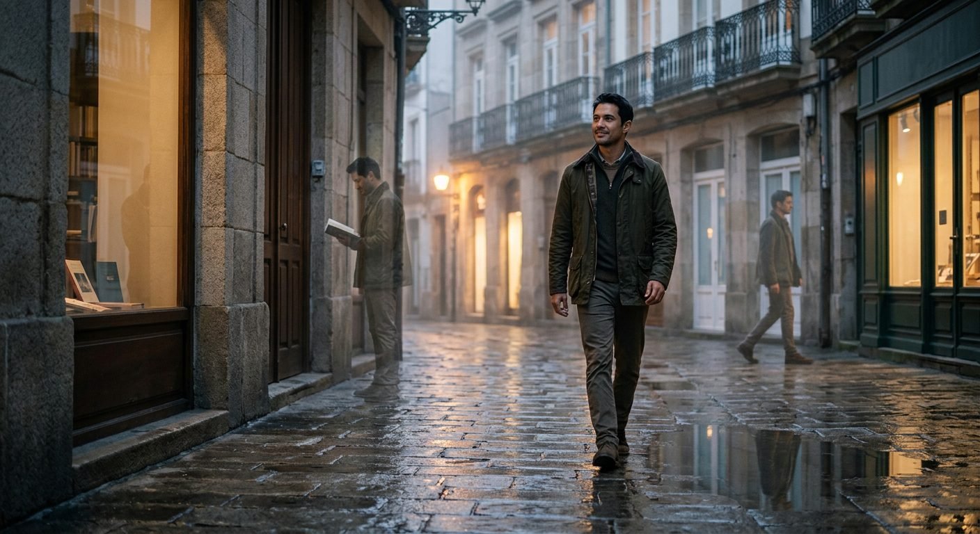 Cinematic photorealistic portrait of a man walking on a wet rainy cobblestone street in a European-inspired city with warm reflections and ghostly 'visual memories'
