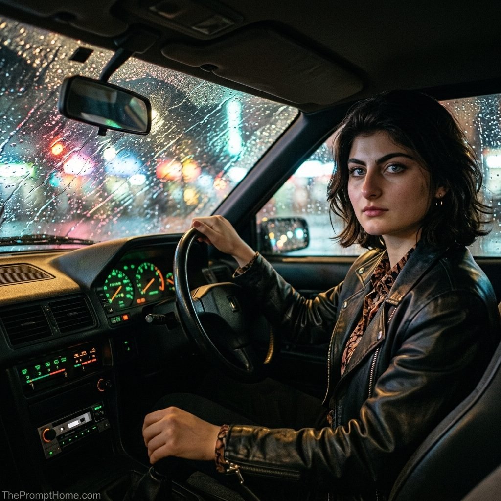 Photorealistic cinematic portrait of a woman in a leather jacket inside a car on a rainy night with neon bokeh reflections on the windshield