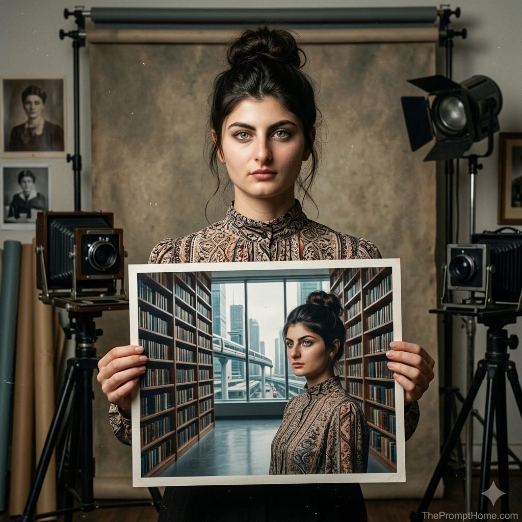 Conceptual portrait of a woman in a vintage photo studio holding up a printed photo of herself in a futuristic city library