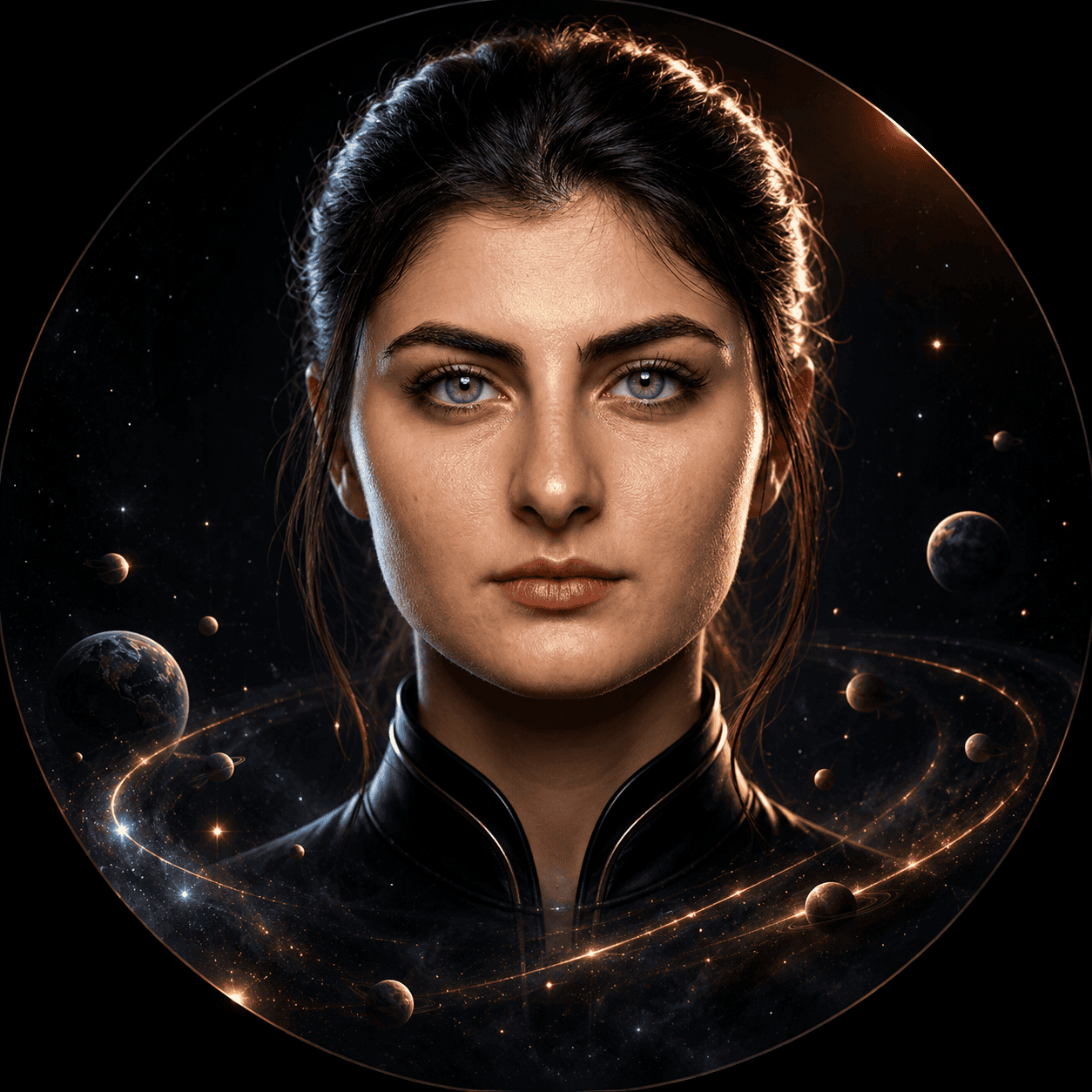 Photorealistic space avatar portrait of a woman surrounded by floating planets and glowing orbital rings in a circular frame