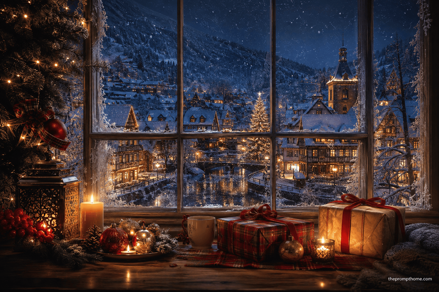 Photorealistic cozy Christmas window sill with glowing candles and wrapped gifts looking out at a snowy European village landscape at night