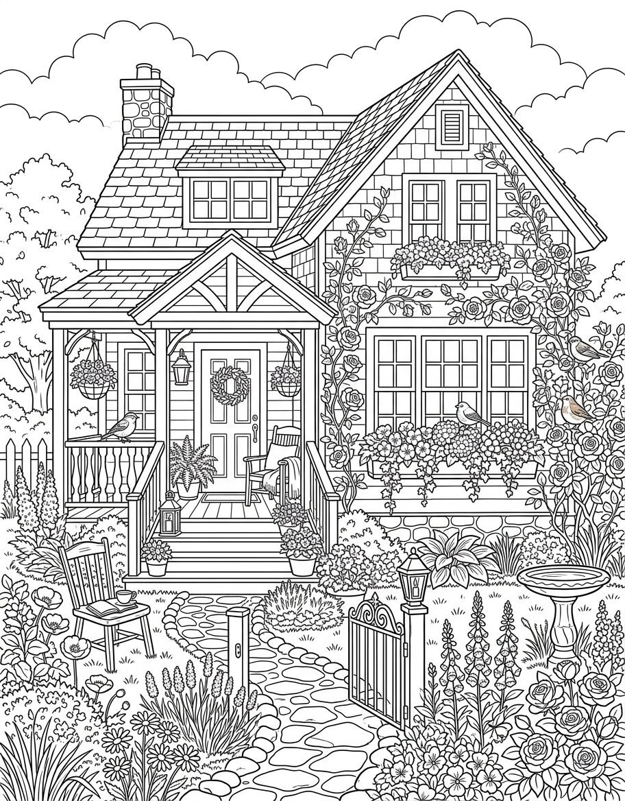 Black and white adult coloring book page line art of a cozy cottage house with a detailed flower garden and stone pathway