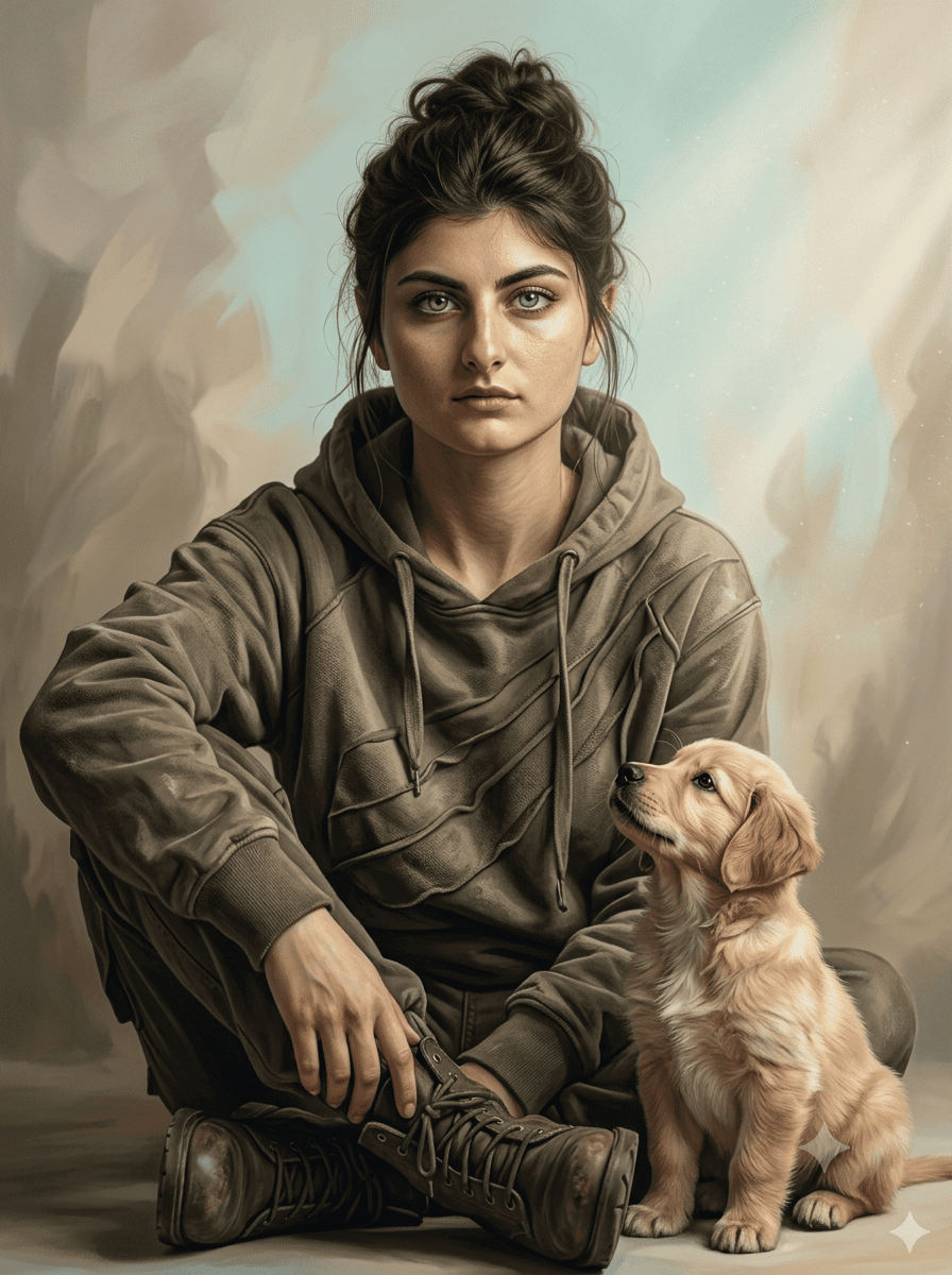 Photorealistic studio portrait of a woman in an olive hoodie sitting on the floor next to an adorable Golden Retriever puppy looking up