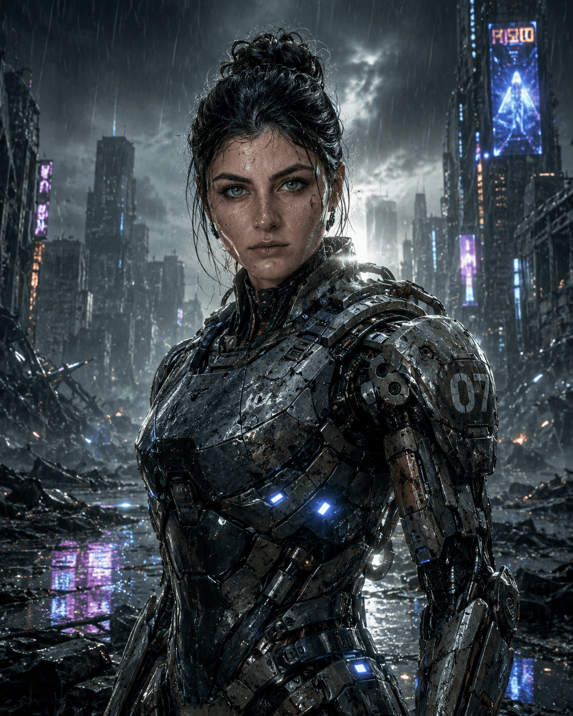 Cyberpunk sci-fi portrait of a young woman in battle exo-armor standing in a rainy ruined futuristic city with neon lights