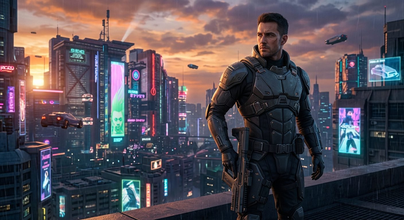 Photorealistic cyberpunk sci-fi concept art of an armored tactical soldier holding a rifle on a skyscraper balcony at sunset over a futuristic city with flying cars