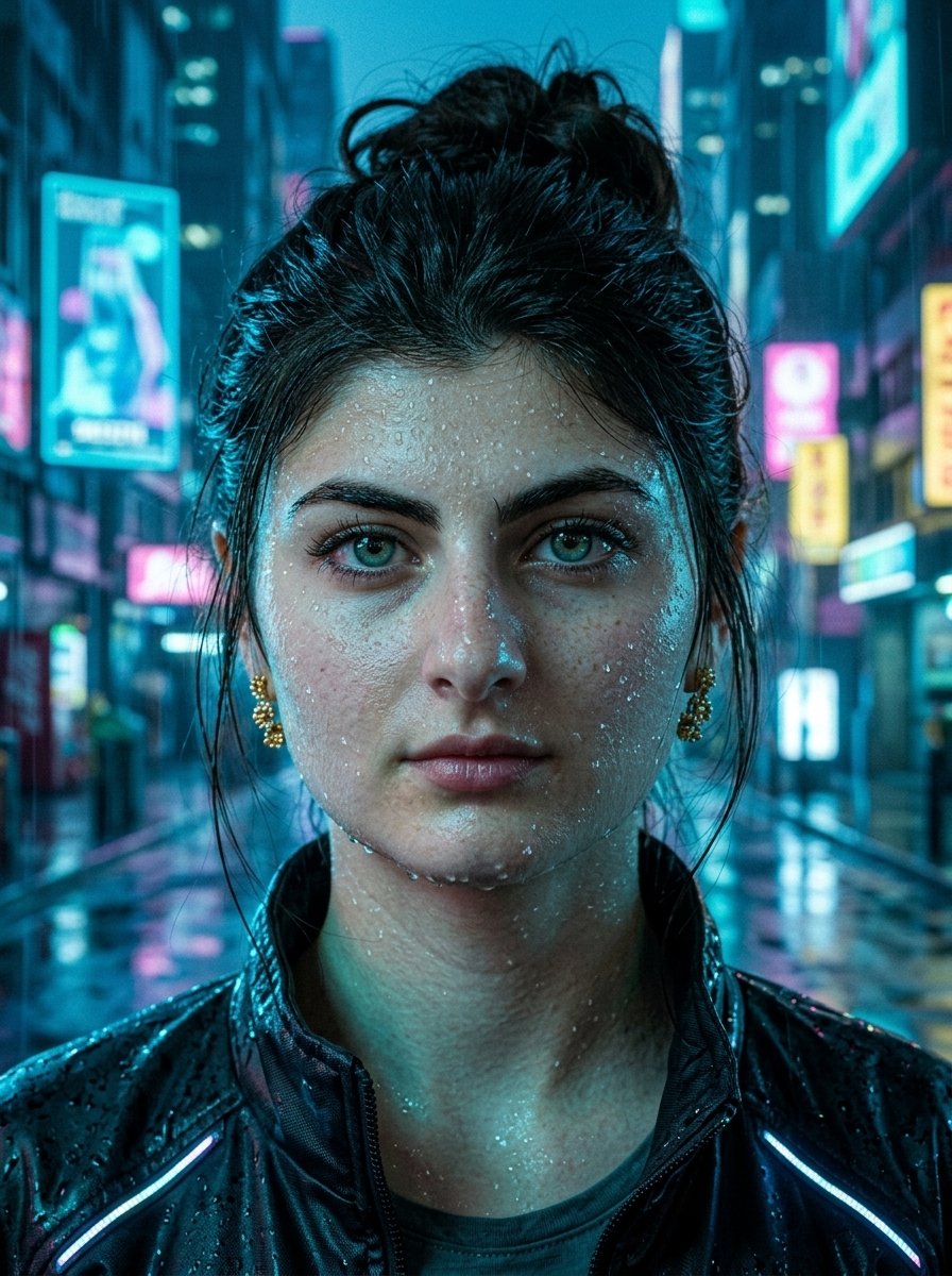 Ultra-photorealistic cyberpunk portrait of a woman with water droplets on her face standing in a rainy neon city at night