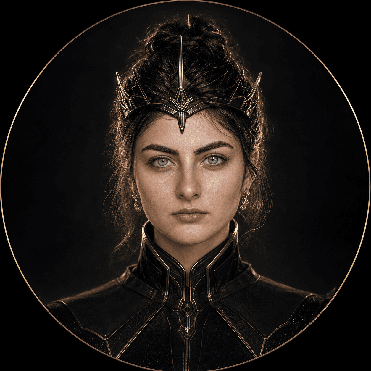 Photorealistic studio portrait avatar of a dark sci-fi queen wearing a black and gold metallic crown framed in a circular ring
