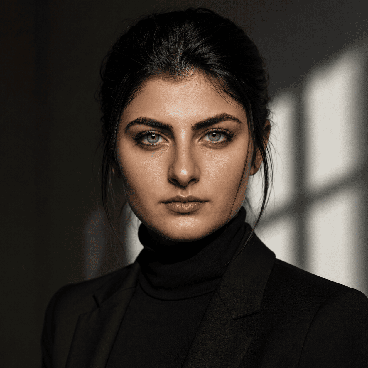 Photorealistic fine-art studio portrait of a woman in a black turtleneck and blazer with dramatic window shadows cast across her face