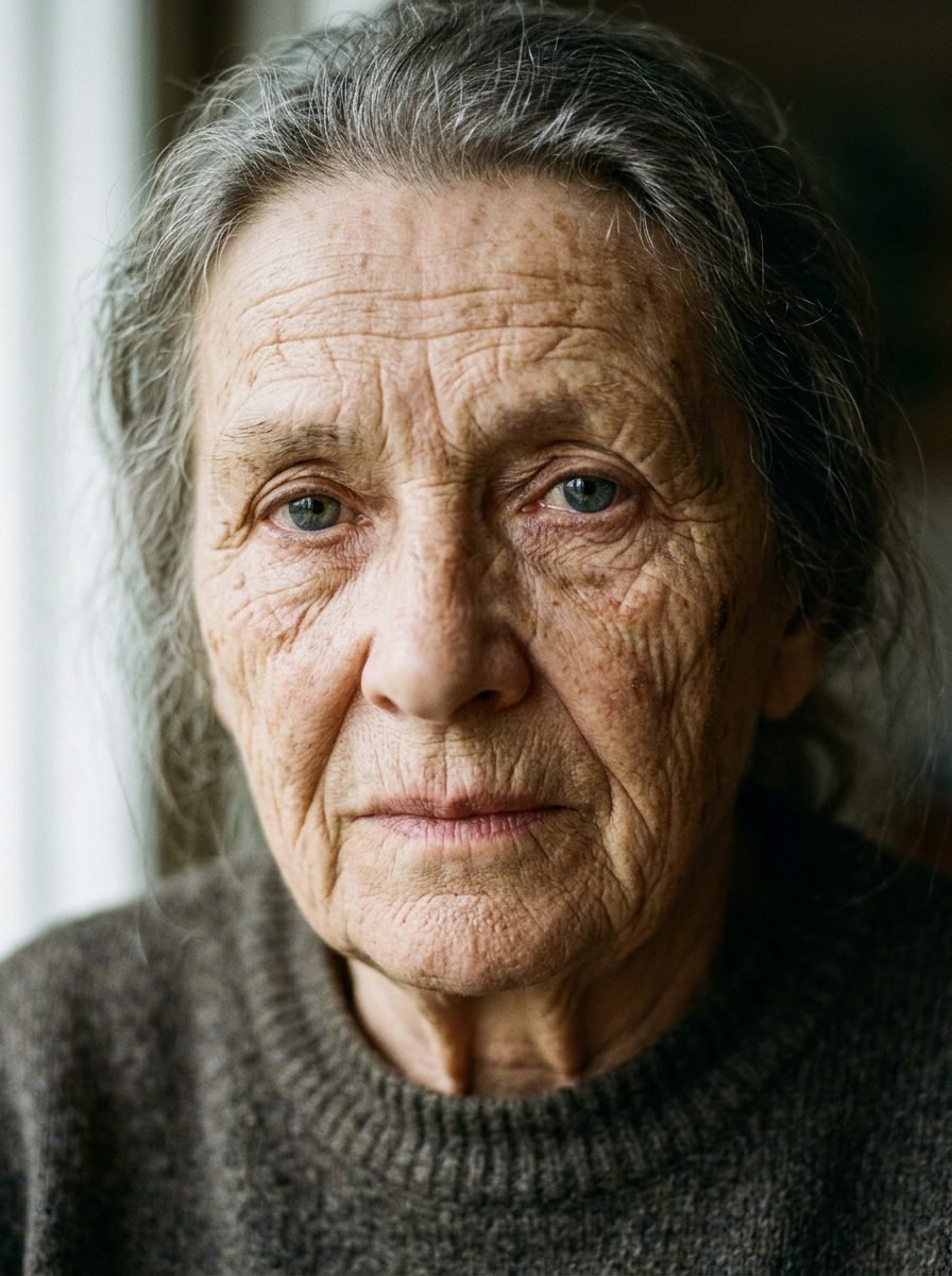 Ultra-photorealistic close-up portrait of an elderly woman with silver grey hair, detailed wrinkles, and blue eyes