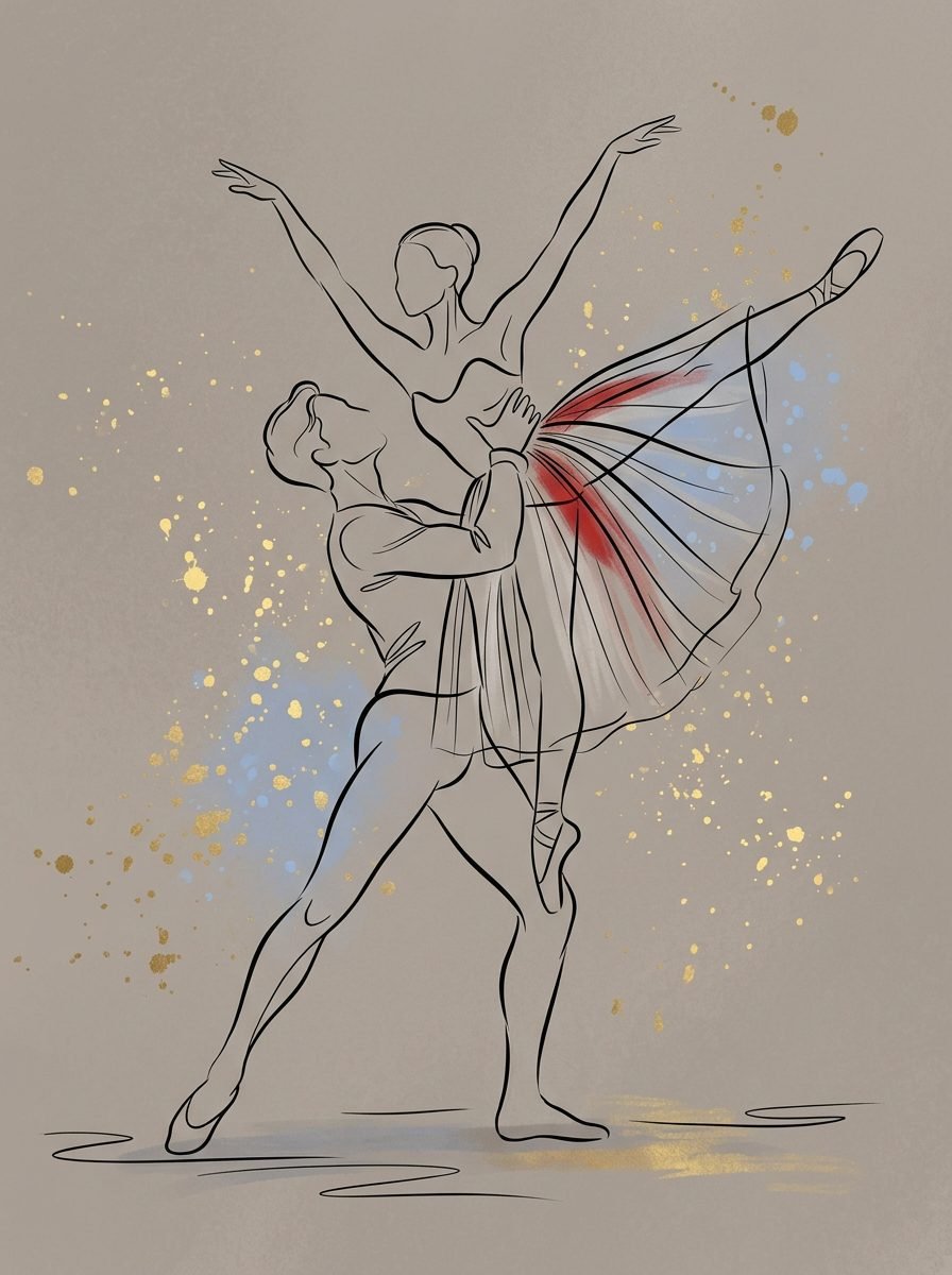 Minimalist line art illustration of a ballerina couple performing a dance lift with gold splatter accents