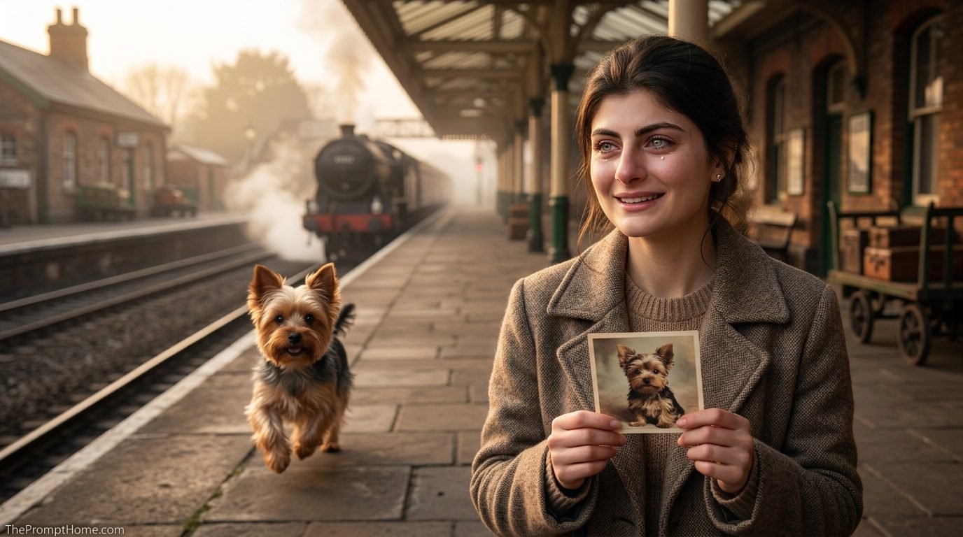 Photorealistic emotional image of a smiling tearful woman holding a dog photo on a train station platform as her small terrier dog runs to reunite with her