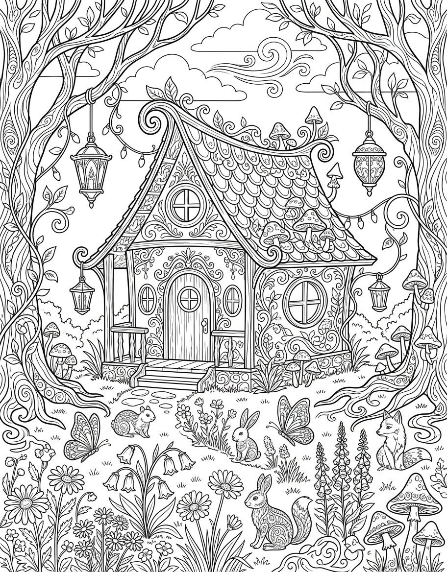Black and white adult coloring page line art of a whimsical fairytale cottage in a magical forest with rabbits, fox, and mushrooms