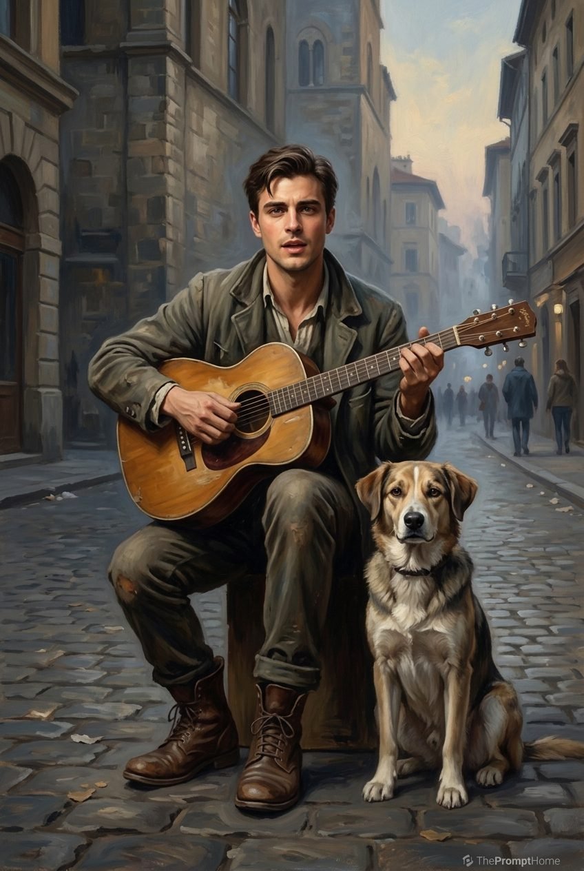 young male street musician playing acoustic guitar on a cobblestone street beside his loyal dog
