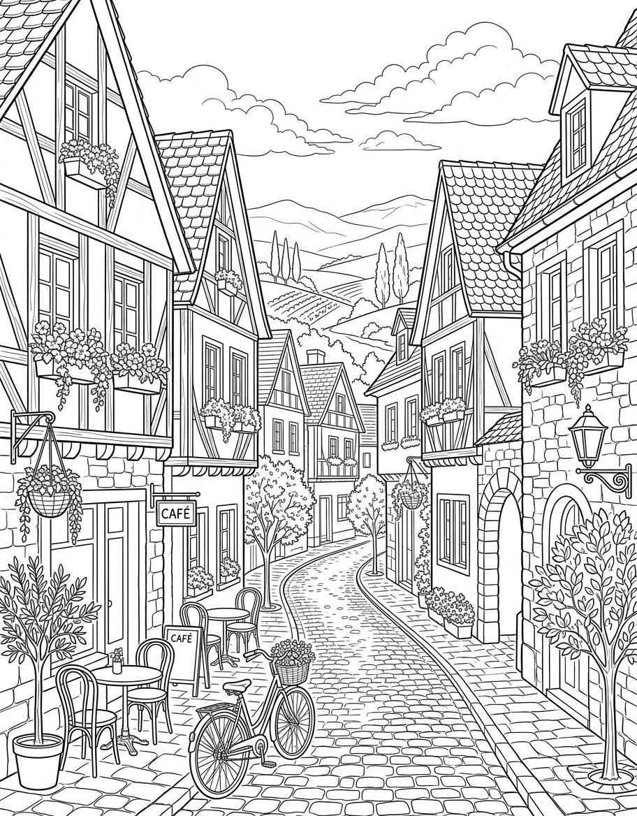 Black and white adult coloring page line art of a European village cobblestone street with a cafe, vintage bicycle, and timber-framed houses
