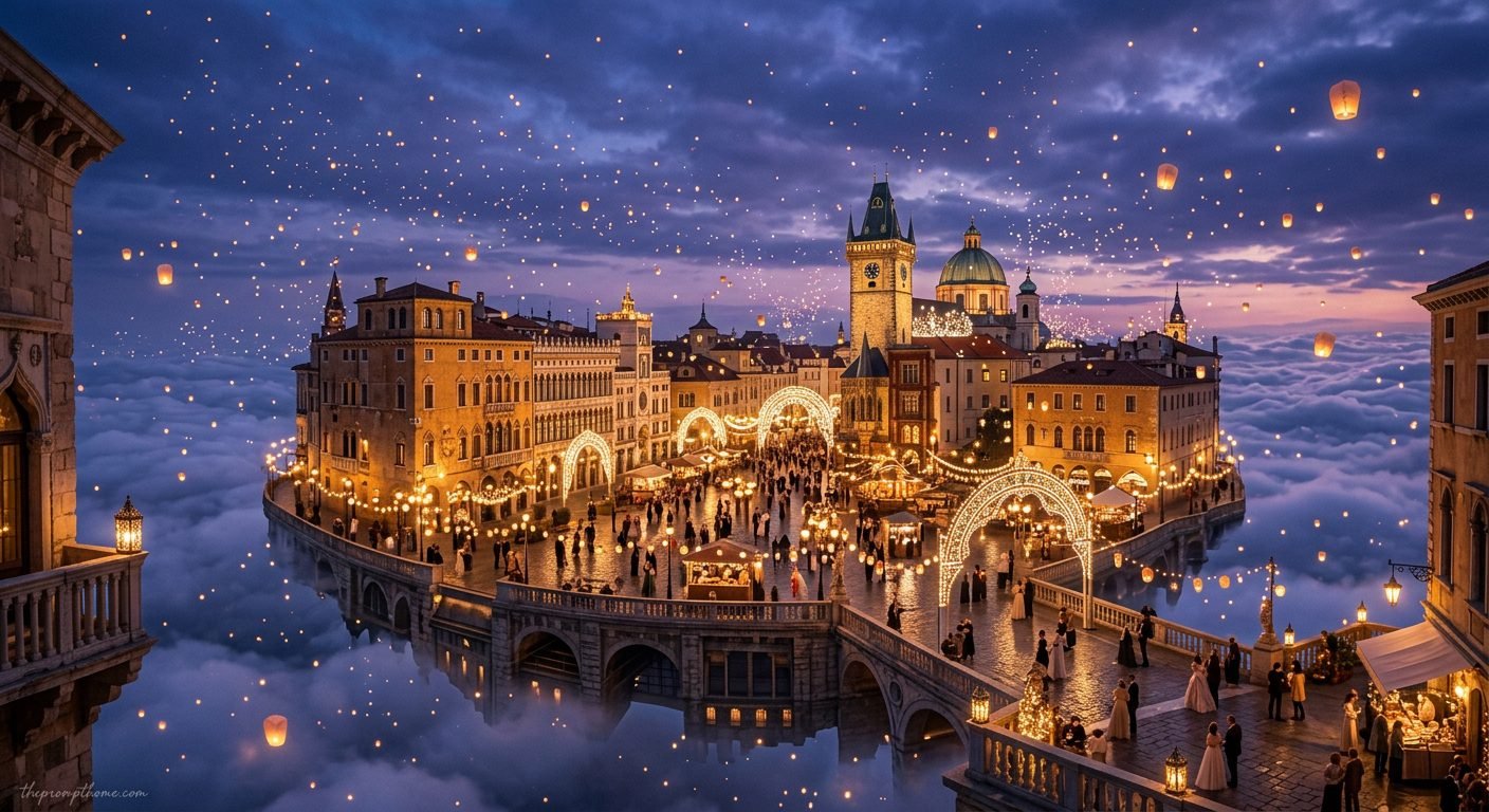 Surreal fantasy concept art of a floating European city above a sea of clouds illuminated by warm lights and thousands of flying sky lanterns at twilight