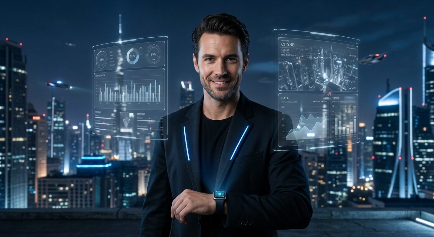 Photorealistic sci-fi portrait of a man wearing a smart watch projecting floating blue holographic data displays on a night rooftop in a futuristic city