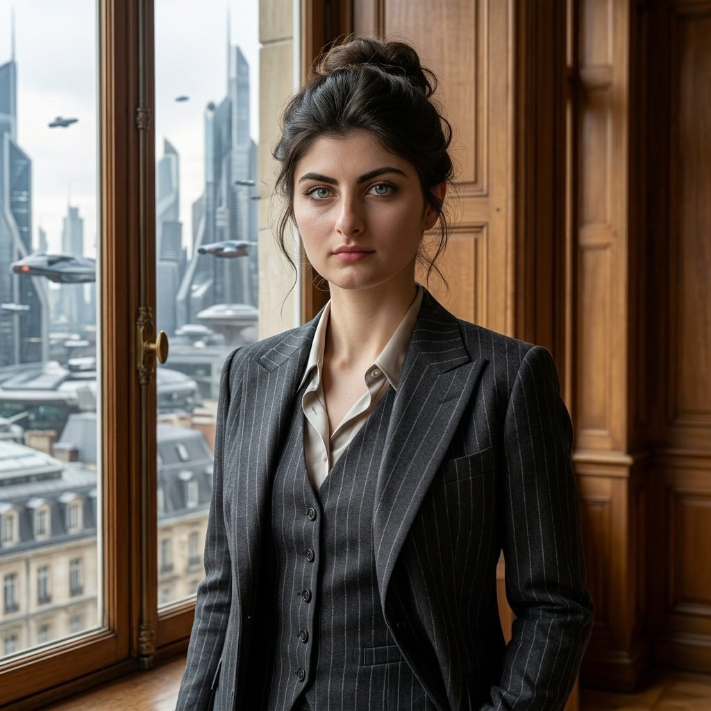 Photorealistic corporate portrait of a woman in a charcoal pinstripe suit standing in a classic office near a window with a futuristic sci-fi cityscape background