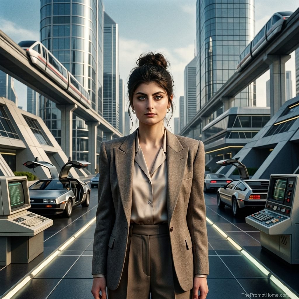 Photorealistic sci-fi portrait of a woman in a tailored suit in a futuristic city with DeLorean sports cars and monorails
