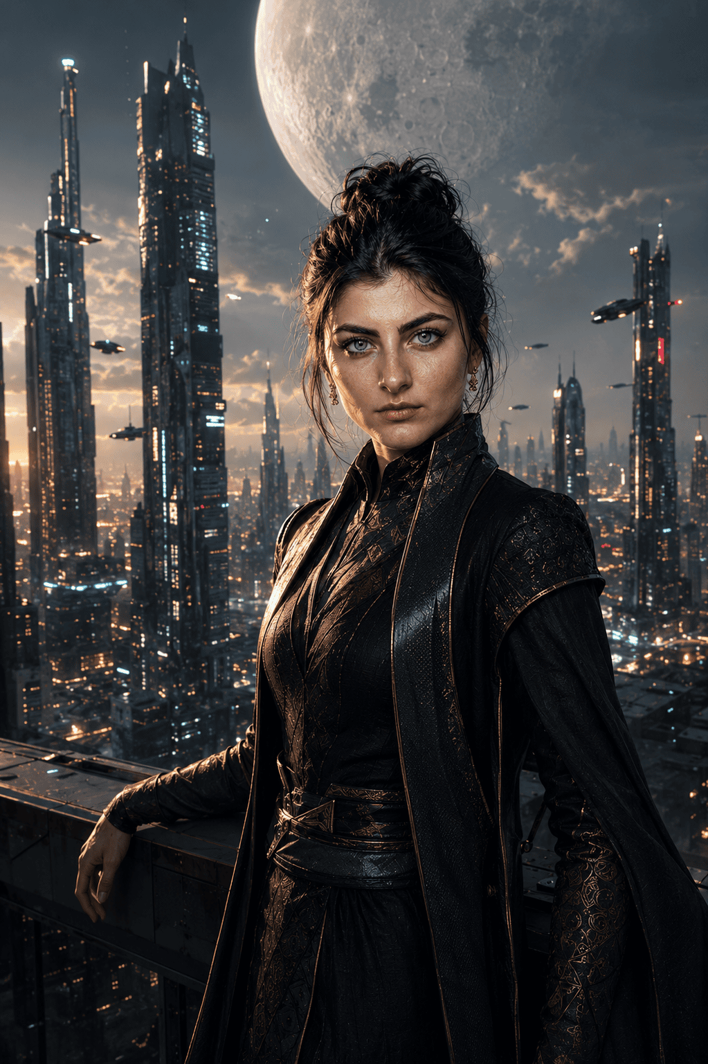 Sci-fi cinematic portrait of a young woman in an elegant black and gold outfit on a skyscraper rooftop overlooking a futuristic city with a giant moon
