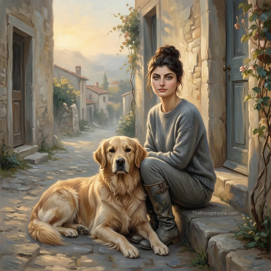 Oil painting of a woman in a grey knit sweater sitting on stone steps with a Golden Retriever in a rustic European village alley