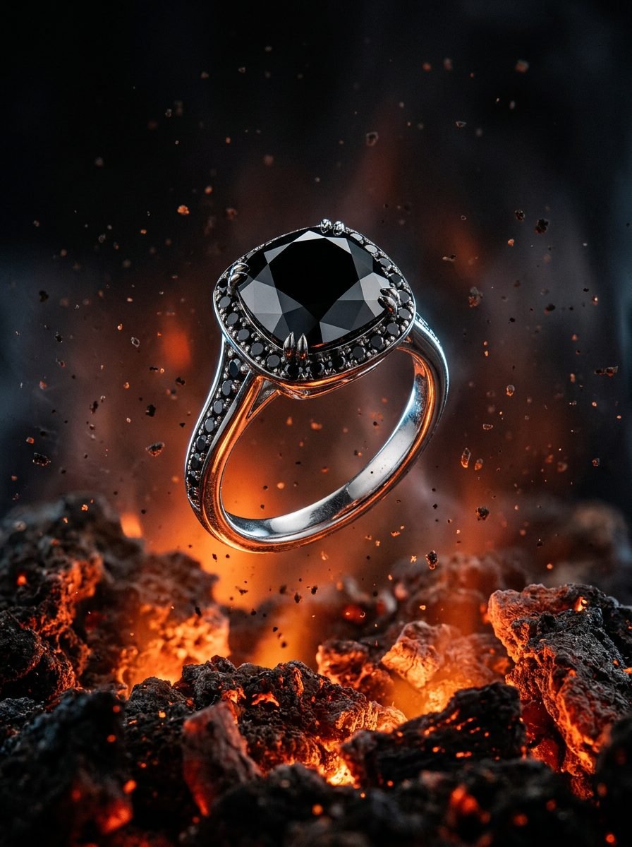 Commercial product photography of a black diamond platinum ring levitating above glowing fiery embers and sparks