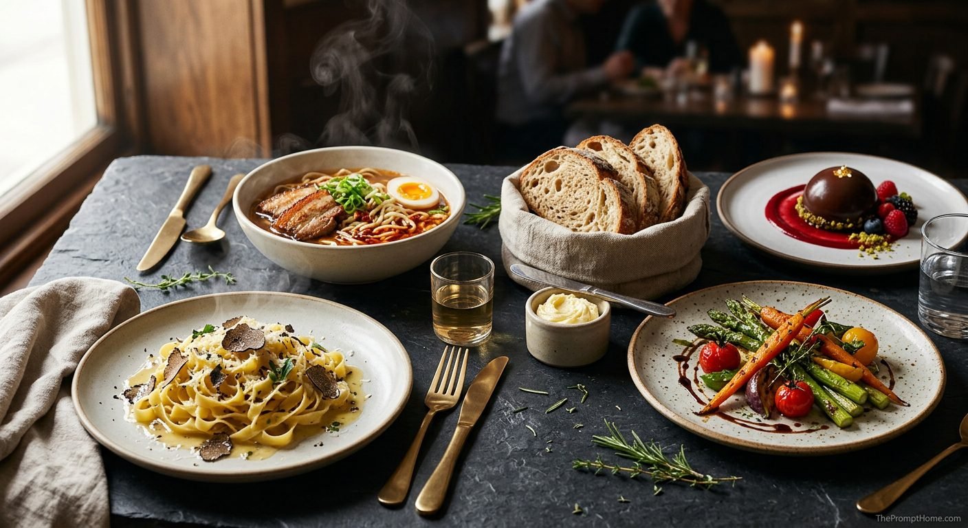 Photorealistic gourmet fine dining table spread featuring truffle pasta, steaming ramen, roasted vegetables, sourdough bread, and chocolate dessert