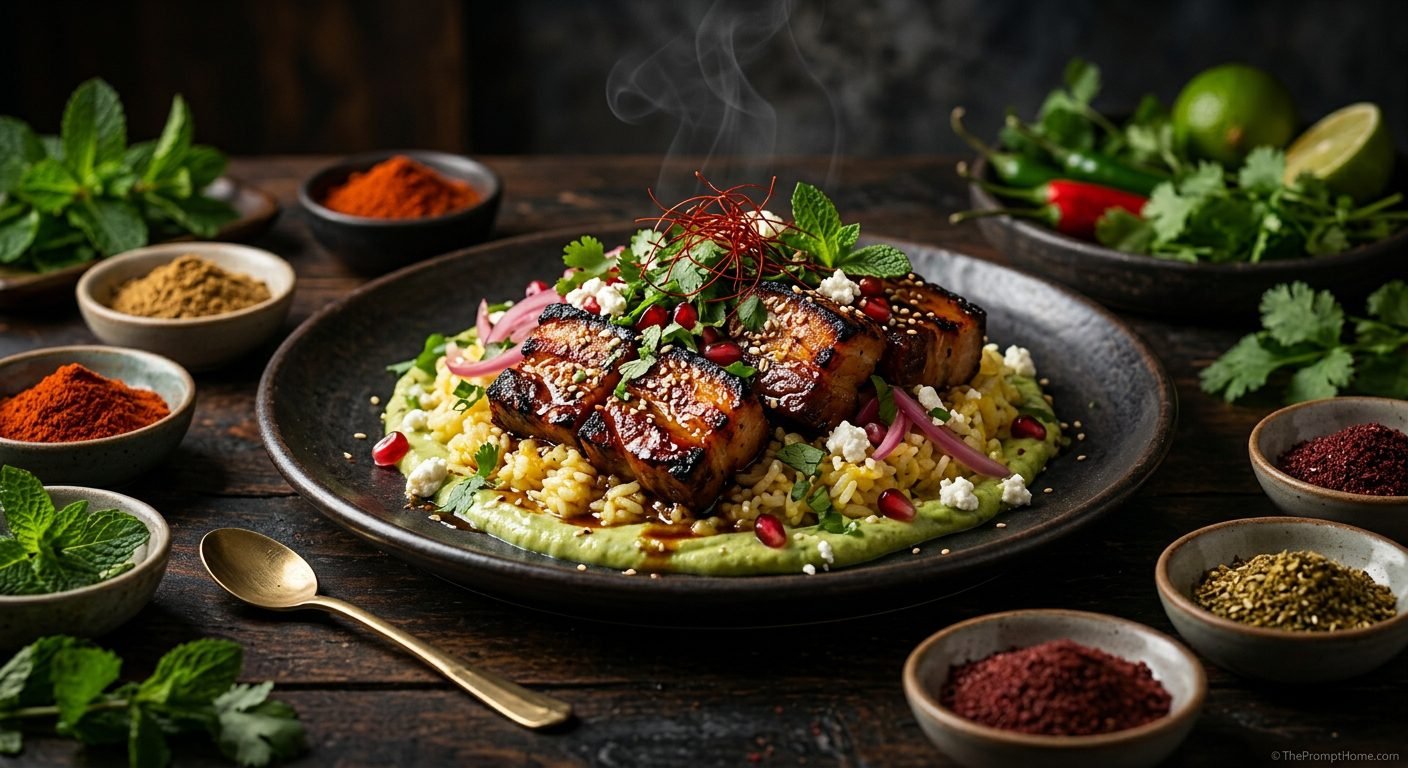 Photorealistic gourmet food photography of glazed pork belly over saffron rice with pomegranate seeds, fresh herbs, and surrounding spice bowls on a wooden table