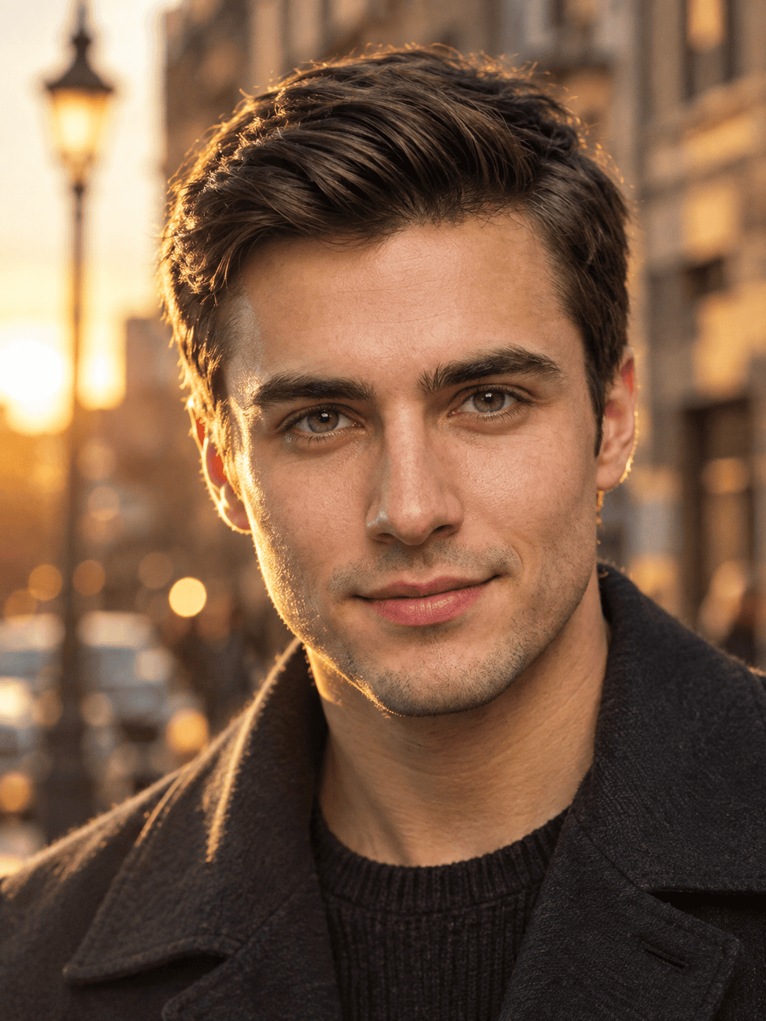 Ultra-photorealistic close-up portrait of a handsome man with green eyes outdoors during golden hour sunset on a European street