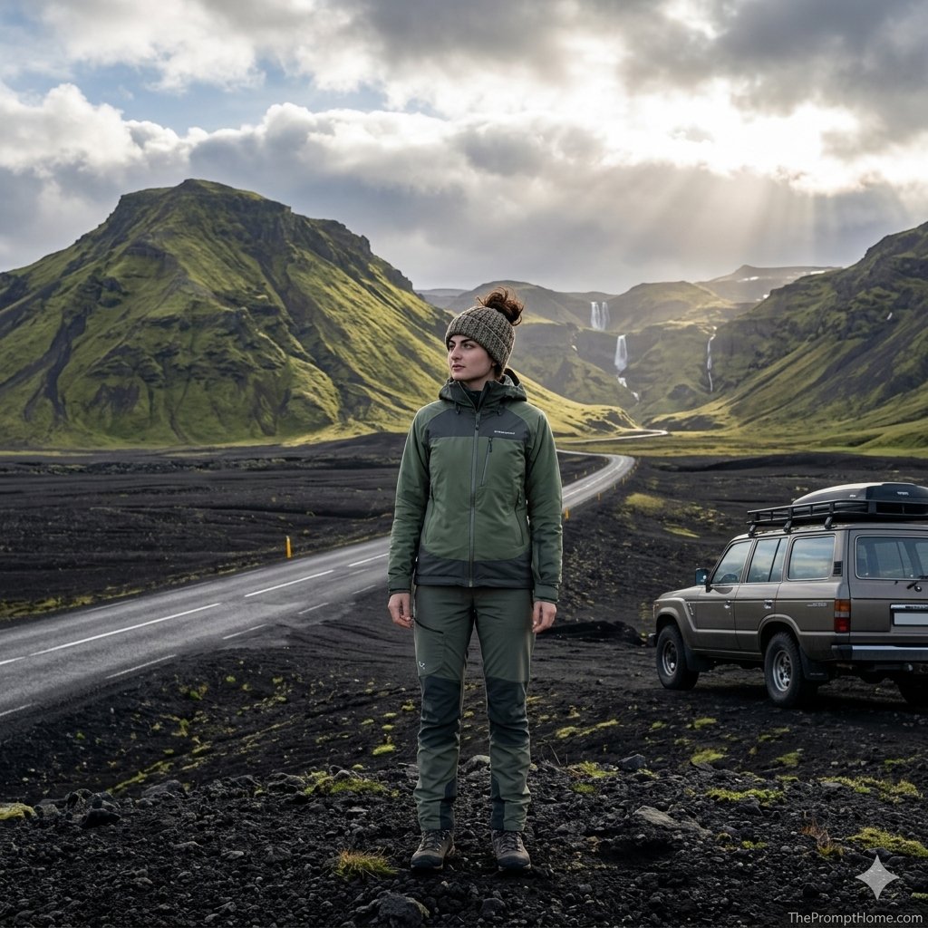 Photorealistic travel portrait of a woman in olive green hiking gear standing on black volcanic sand in Iceland with green mountains and a 4x4 SUV in the background