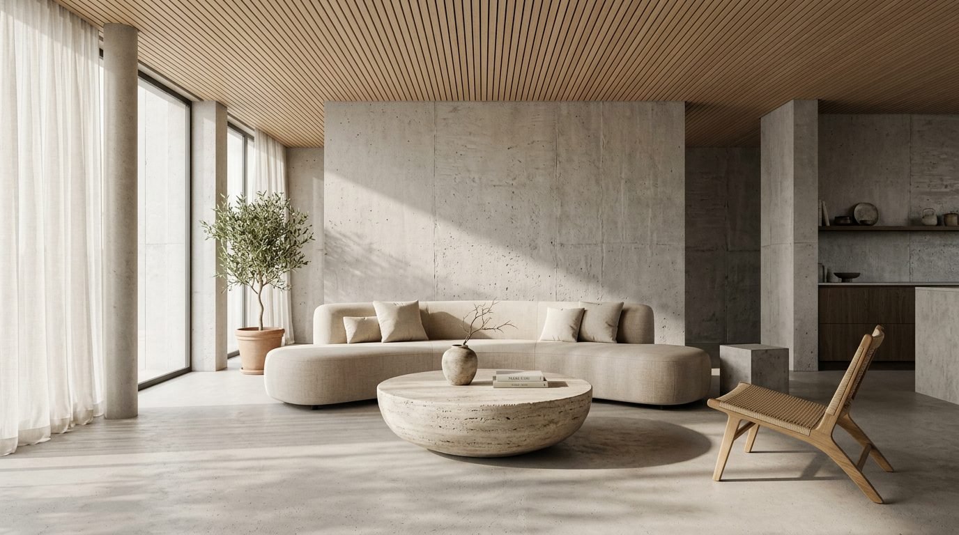 Japandi minimalist living room interior with concrete walls, slatted wood ceiling, curved sofa, and travertine coffee table