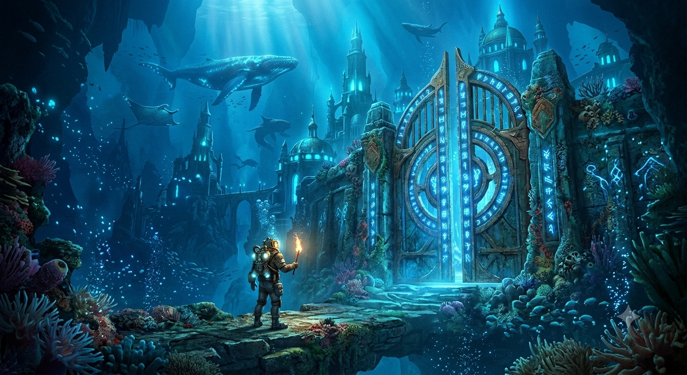 Fantasy concept art of a deep sea diver standing before a giant glowing runic gate leading to an underwater kingdom with whales swimming above