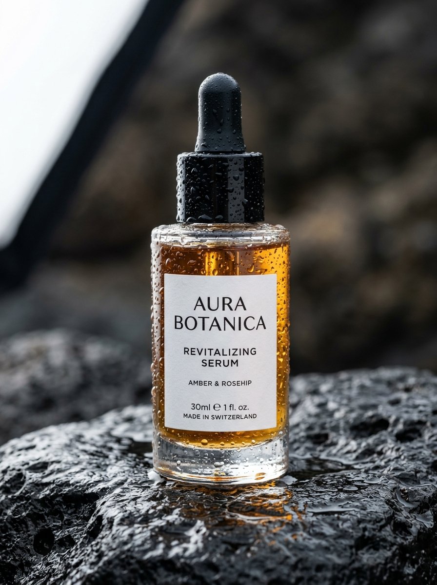 Commercial product photography of a luxury amber skincare serum bottle with water droplets on a wet dark volcanic rock