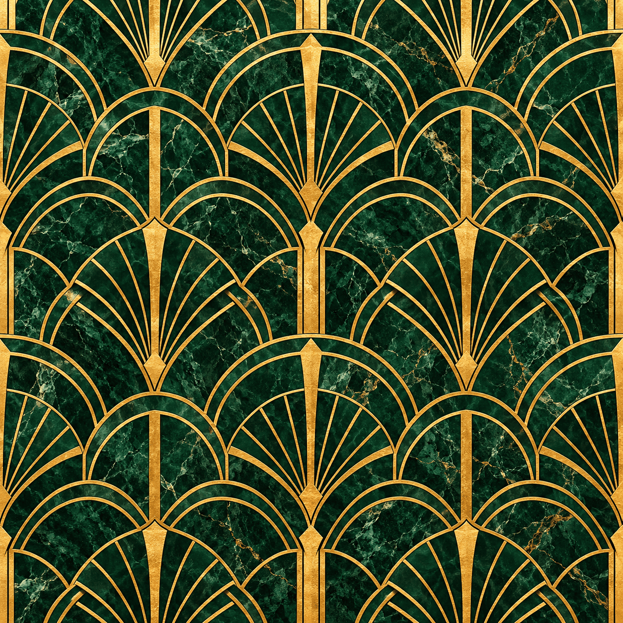 Luxury Art Deco seamless pattern featuring emerald green marble and metallic gold geometric fan arches