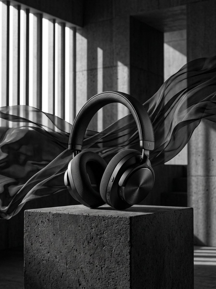 Commercial product photography of matte black wireless headphones on a concrete pedestal with floating black silk in a brutalist setting