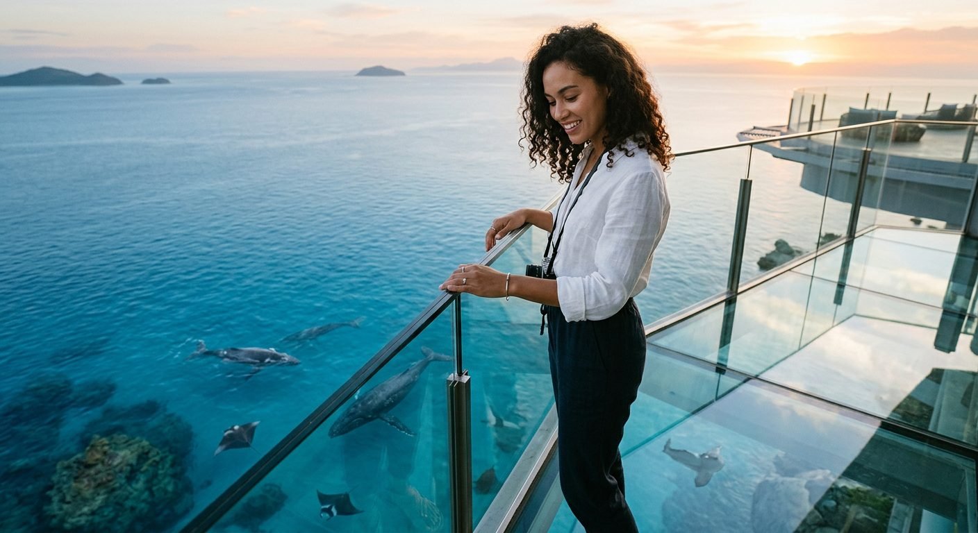 Photorealistic travel photography of a curly-haired woman on a glass balcony overlooking whales and manta rays swimming in a turquoise ocean at sunset