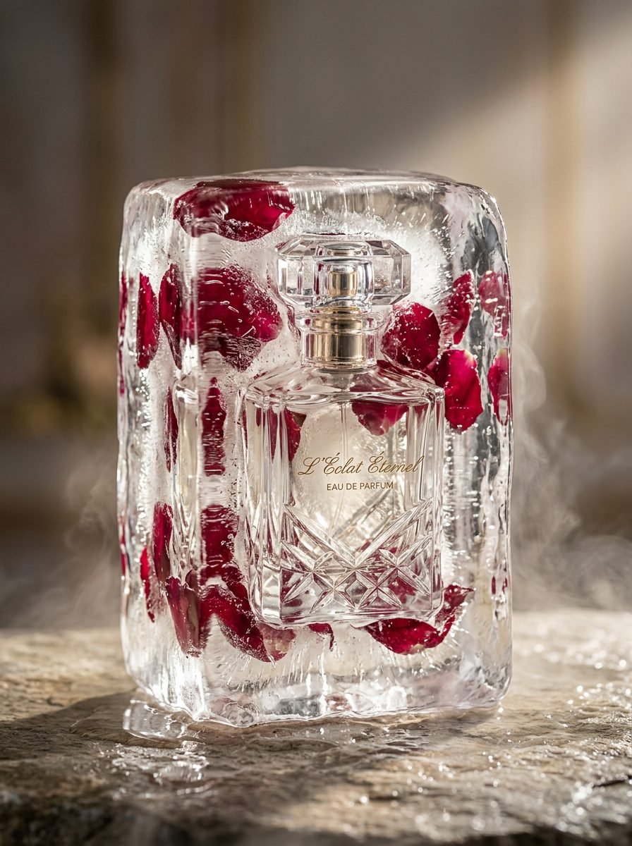 Commercial product photography of a luxury crystal perfume bottle frozen in a clear ice block with red rose petals