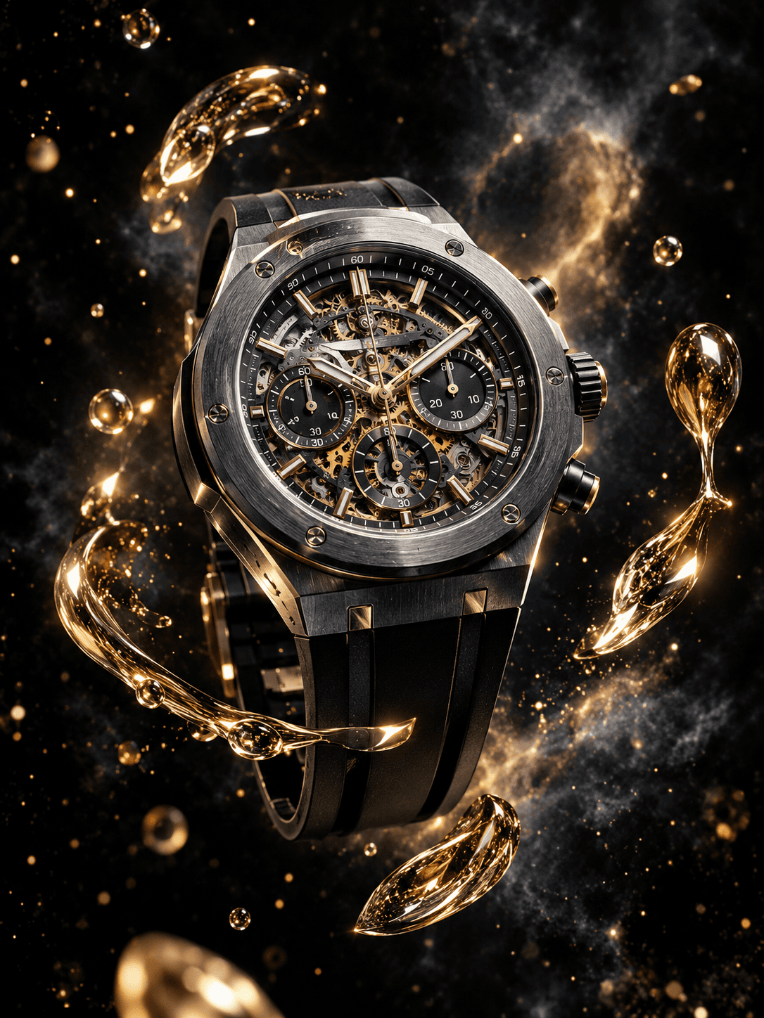 Commercial product photography of a luxury skeleton chronograph watch floating with gold liquid droplets in dark space