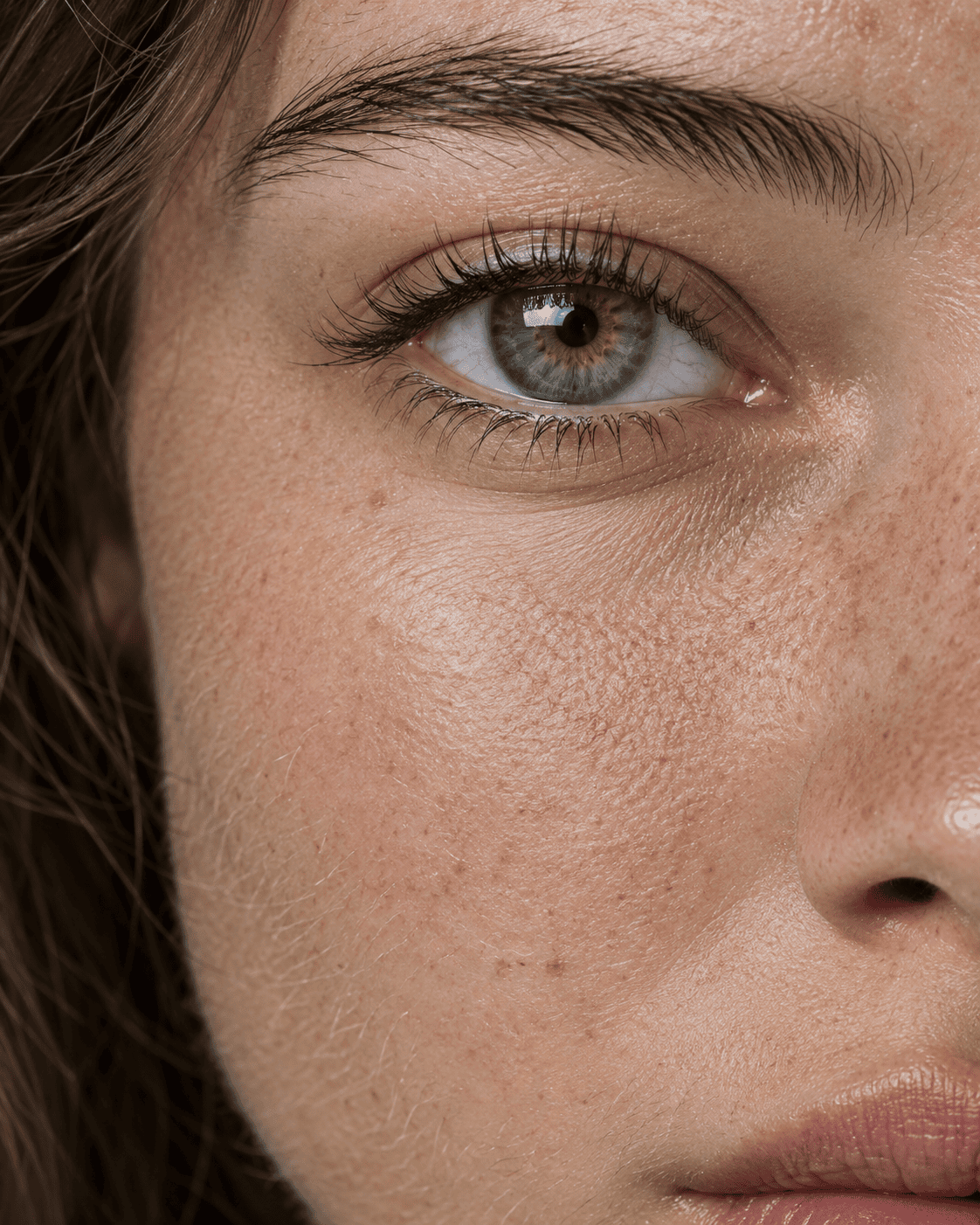 Macro photography close-up of a woman's eye and cheek showing raw skin texture, freckles, and fine peach fuzz