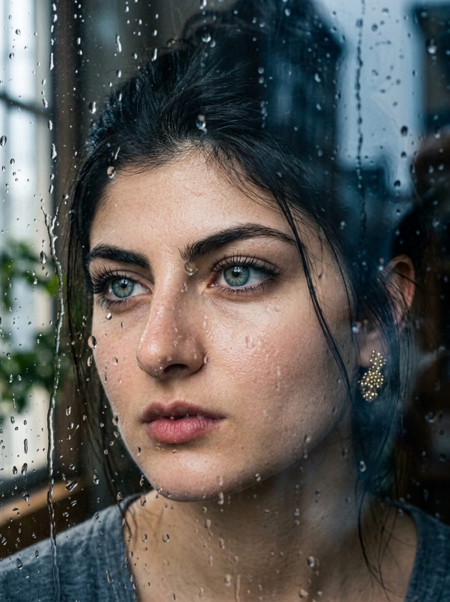 Photorealistic close-up portrait of a woman with hazel eyes looking through a rain-covered window pane