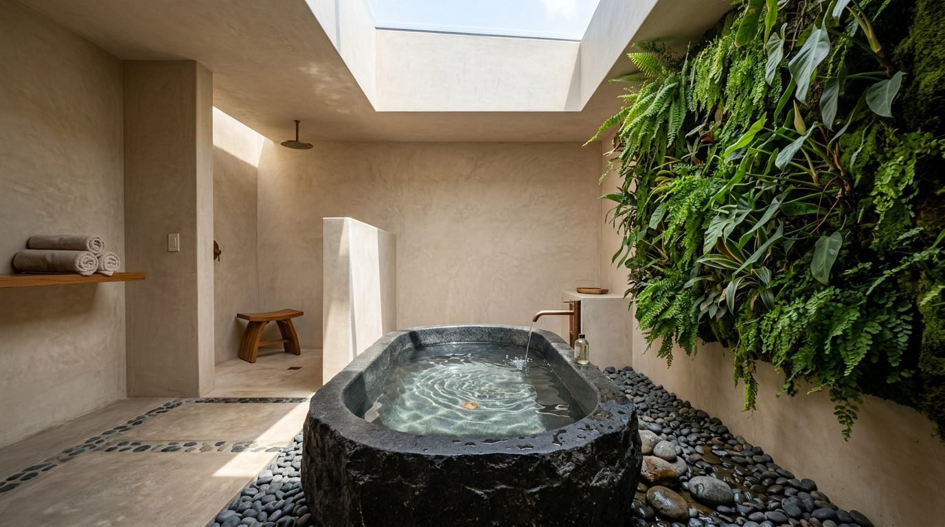 Wabi-sabi luxury bathroom interior with carved black stone bathtub, vertical plant wall, beige microcement walls, and skylight lighting