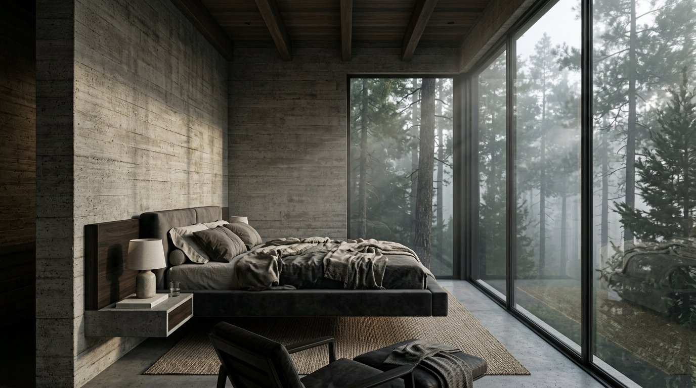 Modern brutalist bedroom interior with concrete walls, low olive green platform bed, fireplace, and floor to ceiling window facing misty pine forest