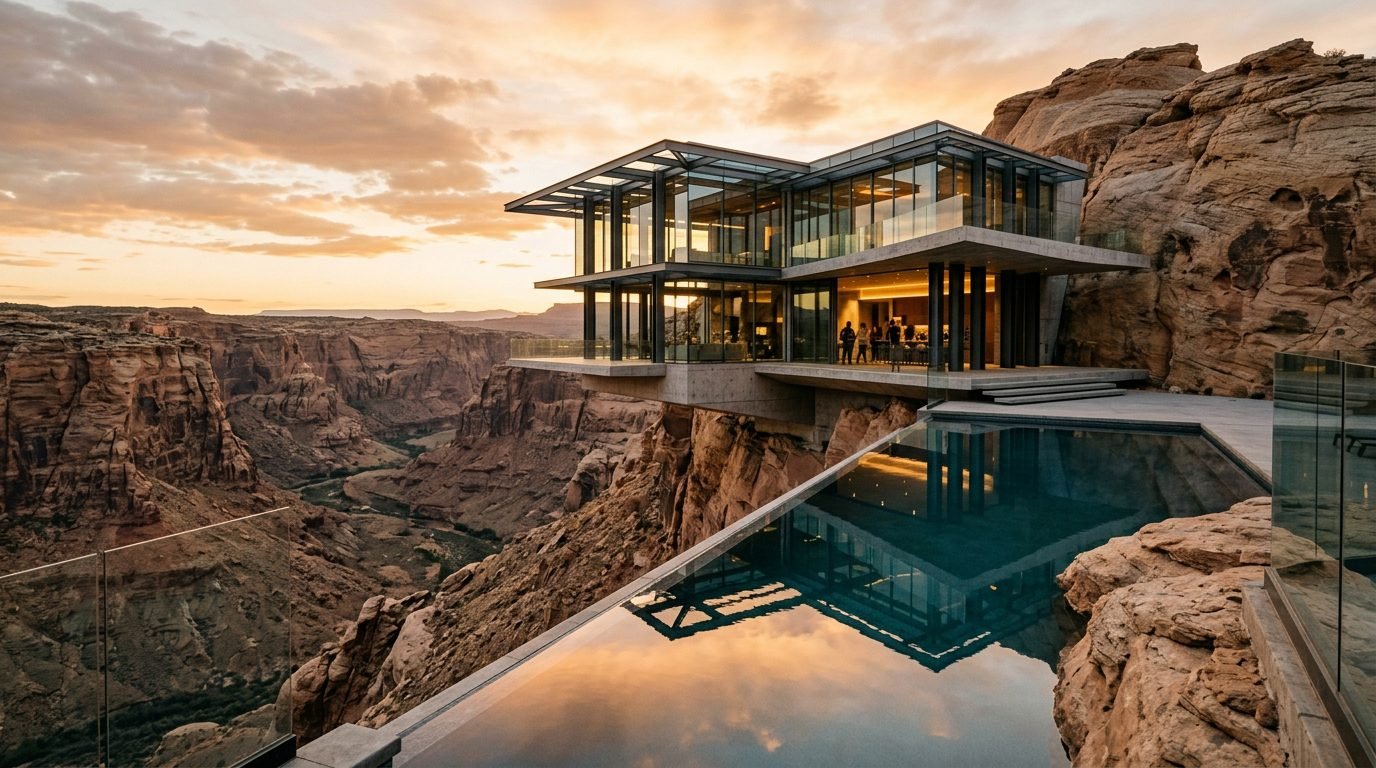 Modern glass cliffside villa with an infinity pool cantilevered over a deep desert canyon during sunset