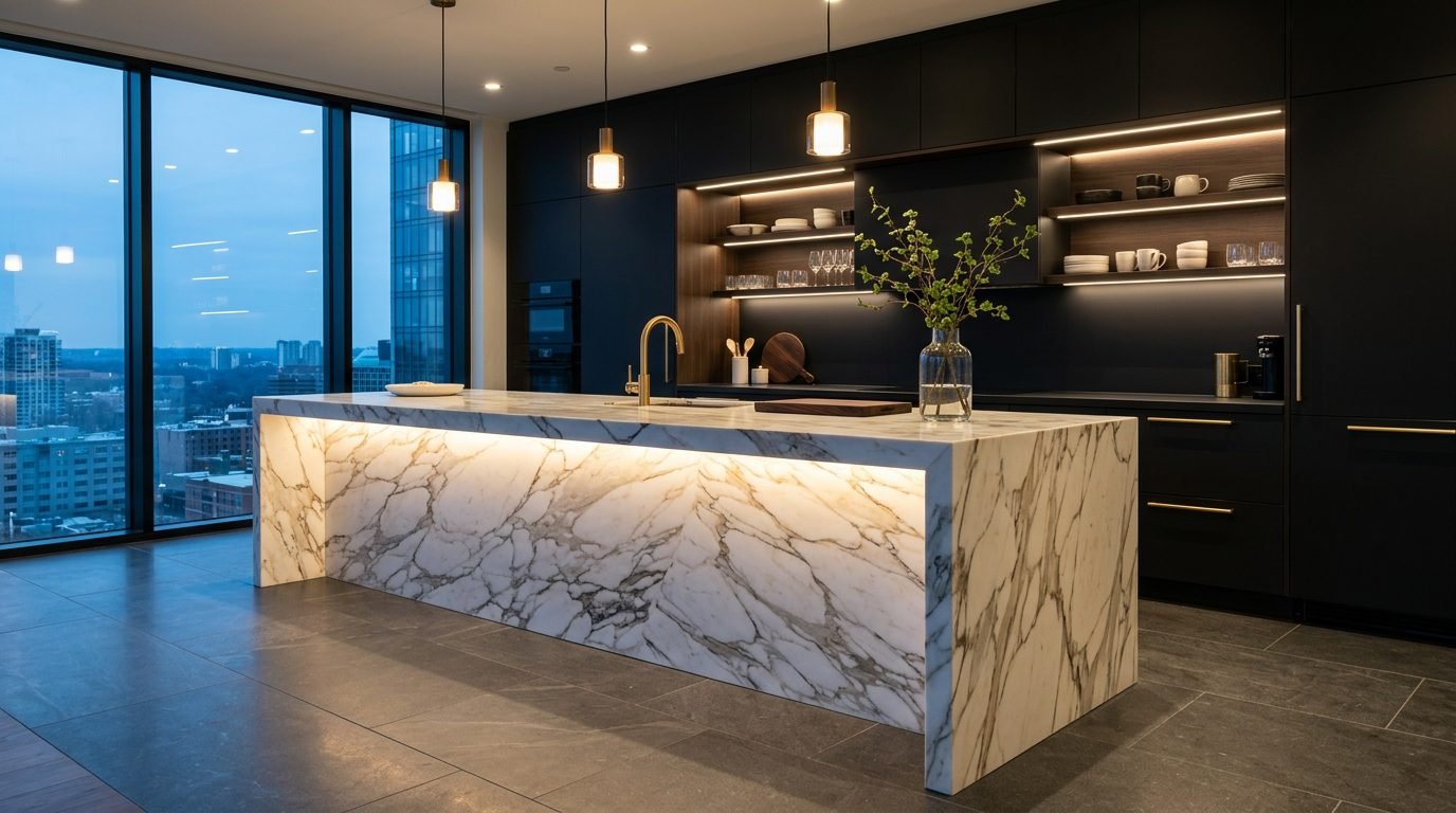 Modern luxury kitchen interior featuring a illuminated Calacatta marble waterfall island, matte black cabinets, and penthouse city skyline view