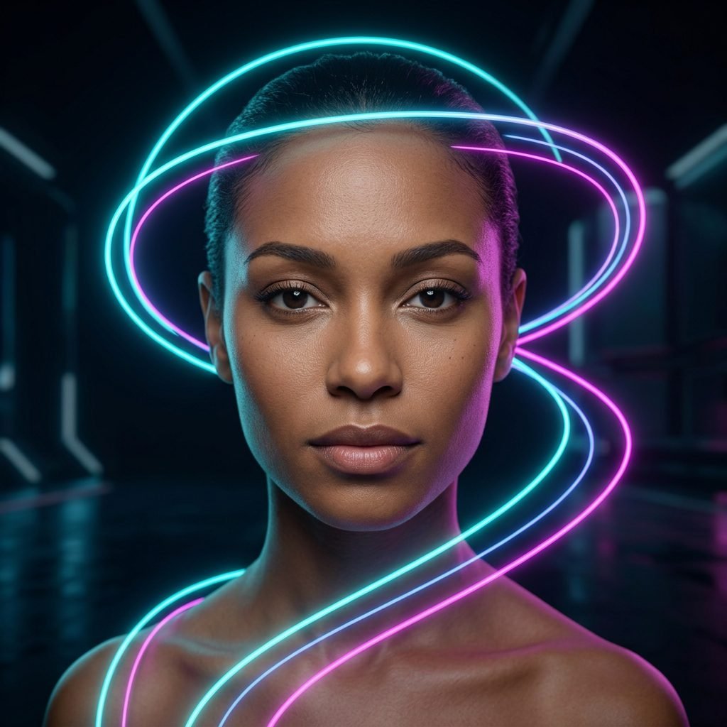 Photorealistic sci-fi portrait of a woman surrounded by swirling cyan and pink neon light trails in a dark studio setting