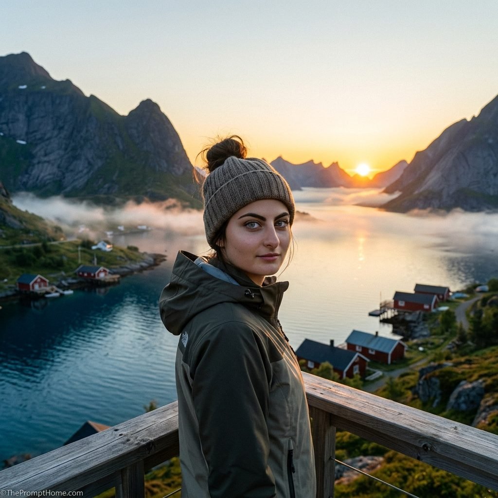 Photorealistic travel portrait of a woman in an olive jacket and beanie standing on a balcony overlooking Lofoten Islands fjords and red cabins during a golden sunset
